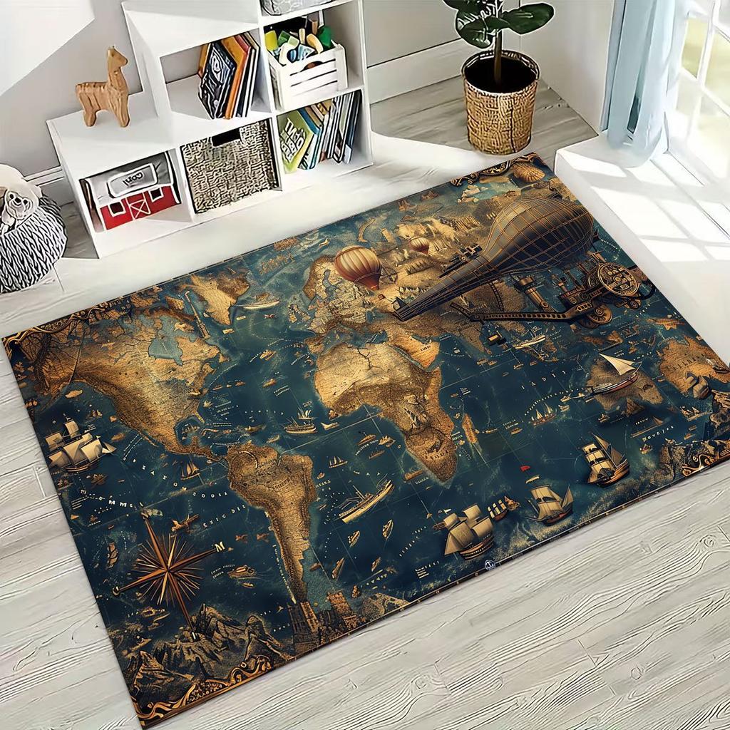 Retro Nautical Map Chart Treasure Map Compass Moto Rug for Bedroom Living Room Sofa Home Doormat Decor,Kids Non-slip Floor Mat
