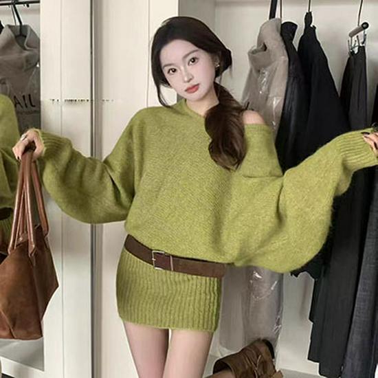 French Off-Shoulder Knitted Pullover Sweater and Waist-Cinching Skirt Set for Women - Autumn Style