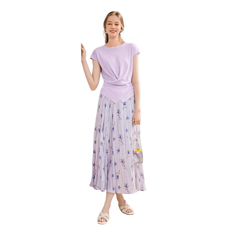 Purple Floral Pleated A-Line Midi Skirt