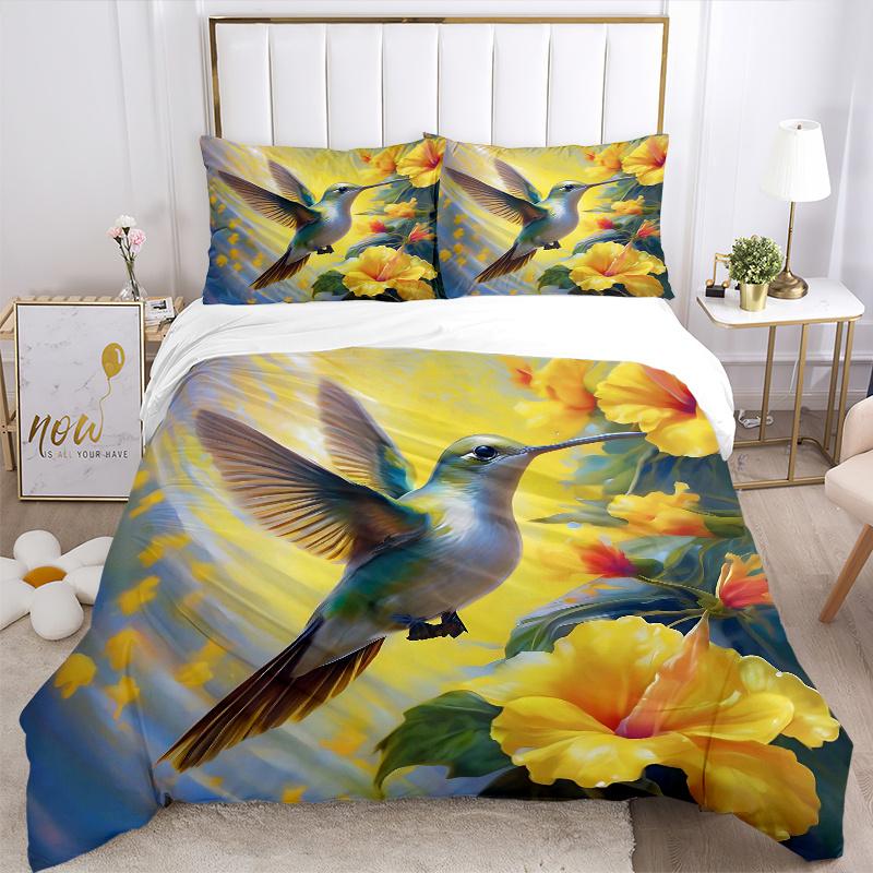 3pcs Yellow Flowers & Hummingbird Pattern Bedding Set, 1* Cover + 2*Pillowcases, Printed Bedding Set, Soft