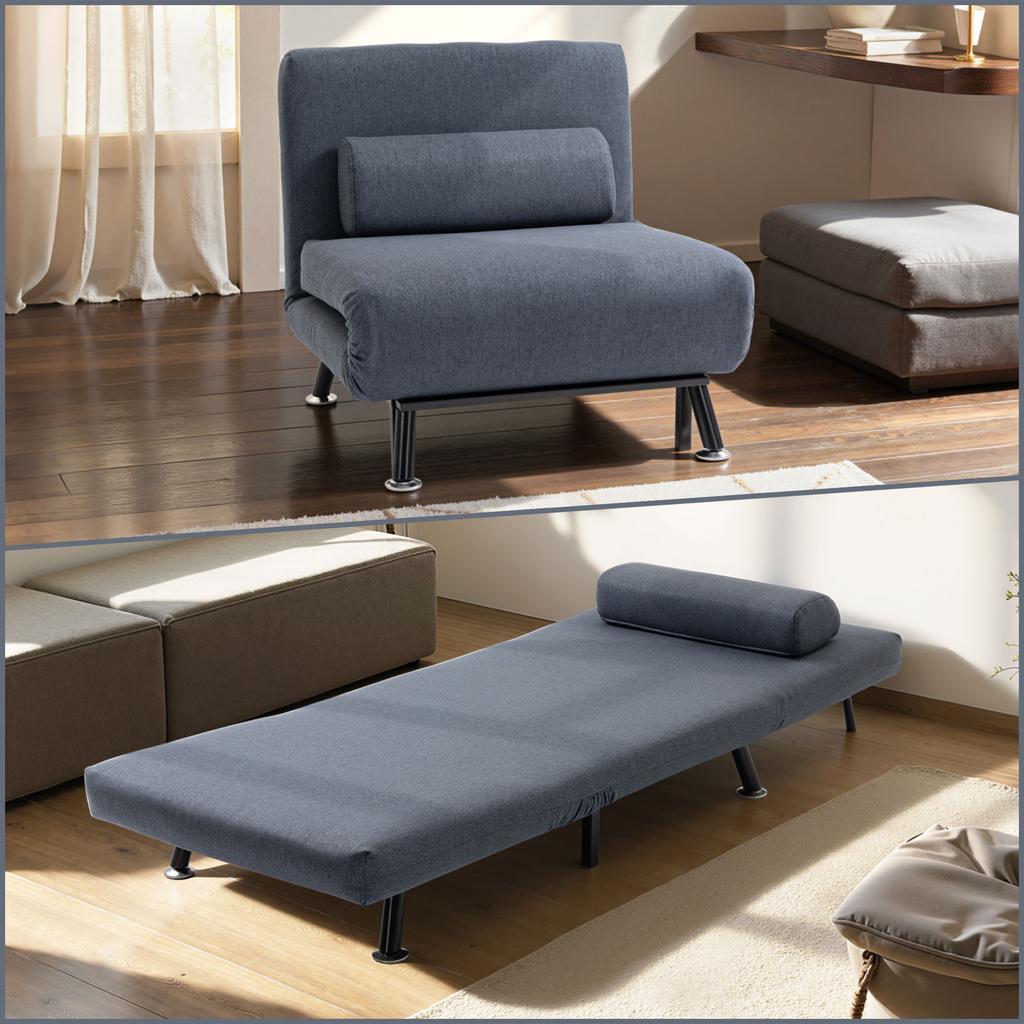 Single Sofa Chair Bed, Linen Fabric 3-in-1 Convertible Sleeper Chair with 5-Position Adjustable Backrest, 75cm Wide Seat, Pillow for Living Room