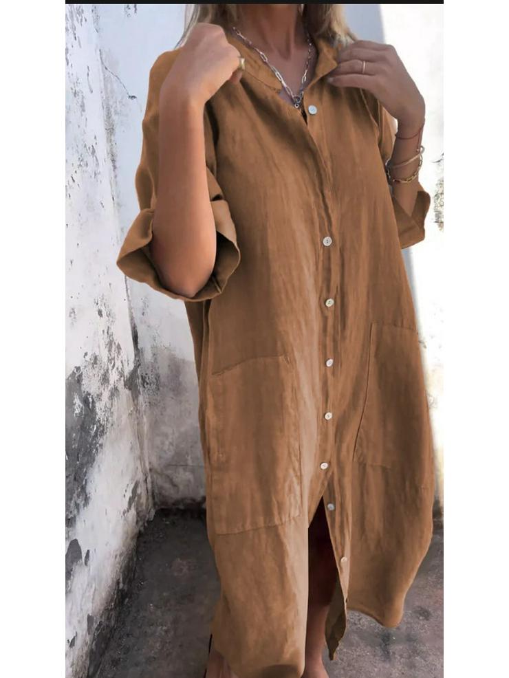 2026 Spring & Summer European-American Style Loose Cotton Linen Mid-Sleeve Shirt Dress for Women