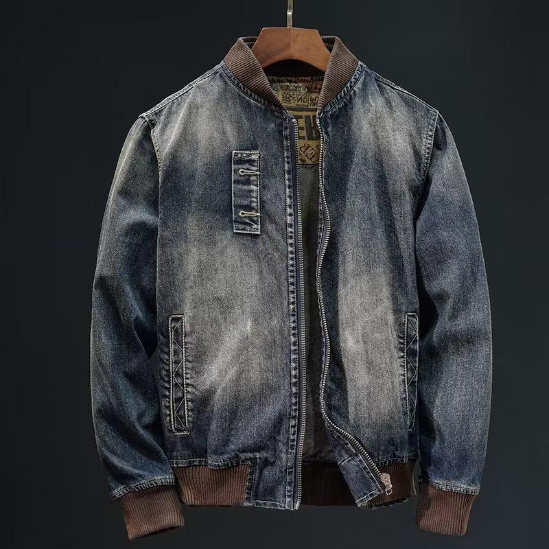 Retro Heren Denim Jas met Opstaande Kraag - Lente/Herfst Trendy Motorrijdersstijl