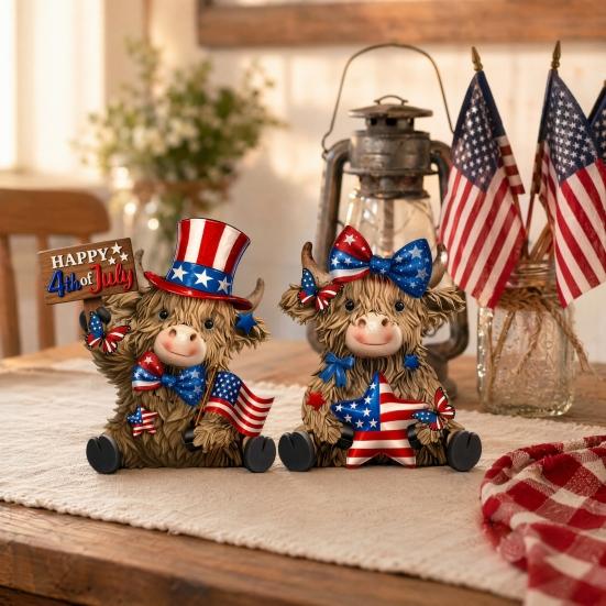 Stars And Stripes Cow Decor 2 Pcs 4th of July Patriotic Highland Figurines, Wooden Independence Day Red USA Themed Home Decoration White Blue