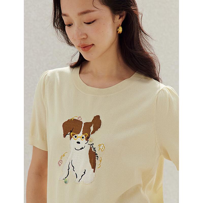 INMAN Playful Puppy Embroidered Short Sleeve Knit Top