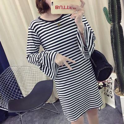 Design-striped Flared Sleeves Long-sleeved Dress for Women, New Style, Waist-hugging, Slimming Inner Bottom Skirt for Women