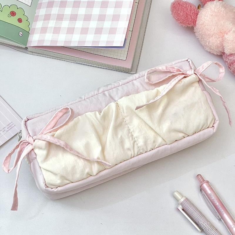 Multifunctional Bowknot Pencil Case Portable Soft Fabric Pen Storage Bag for Girls Stationery Office Use A4