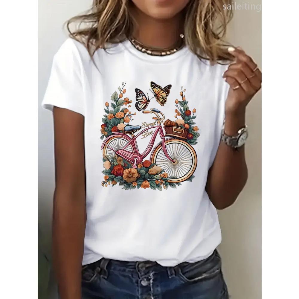 Women s Floral Butterfly Bicycle T-Shirt Graphic Print Design Round Neck Summer Summer  Aesthetic Clothes S