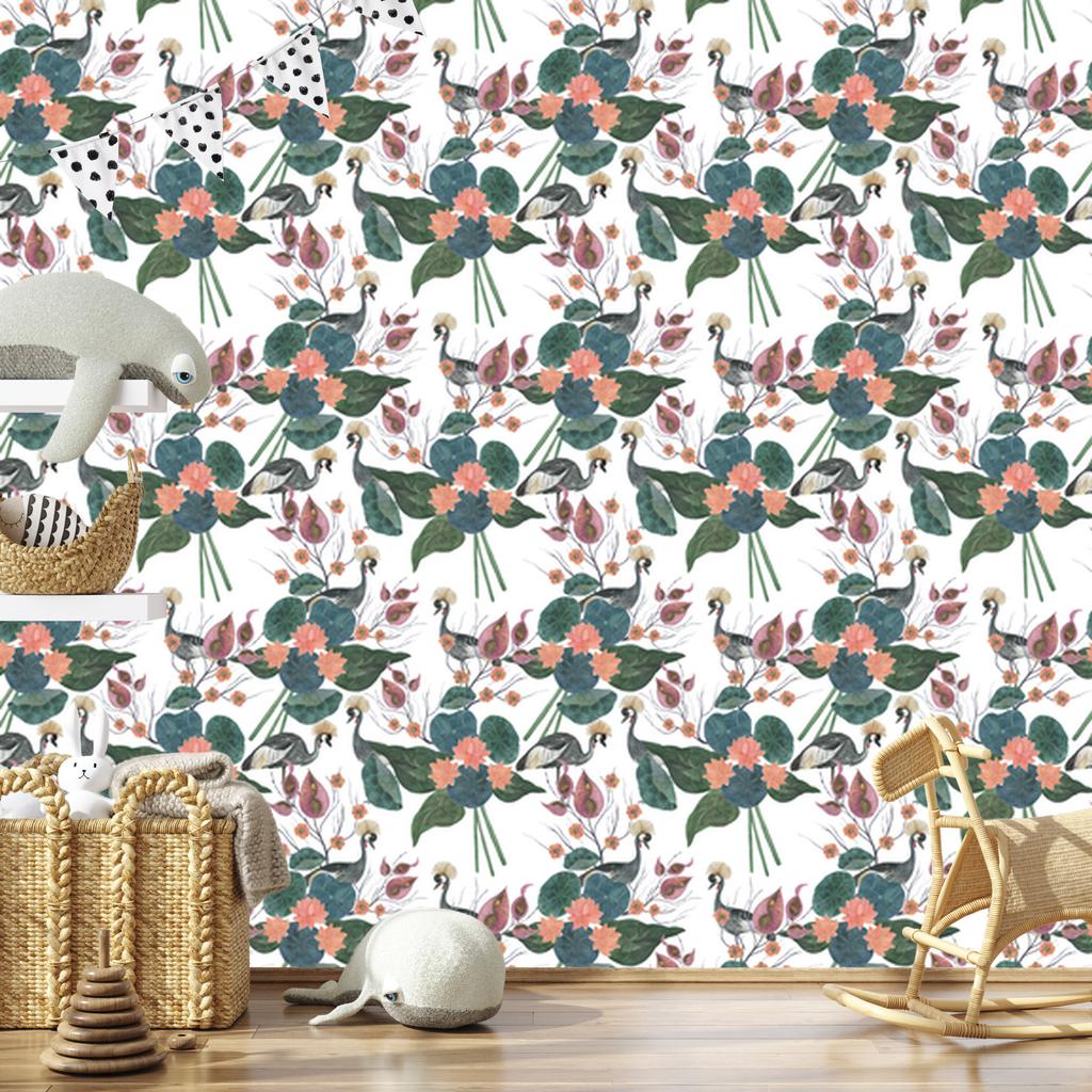 Cranes Among Flowers Wallpaper for Living Room and Bedroom 50x1000