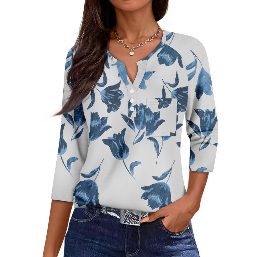 Women's Casual Fashion V-neck Loose Versatile Floral Print Three-quarter Sleeves