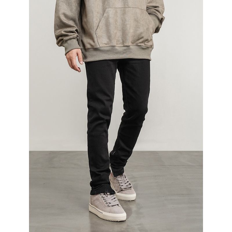 European and American High Street Style Basic Side Open Zip-up Feet Jeans Kanye Same As Slim Fit Stretch Slimming Trousers for Men