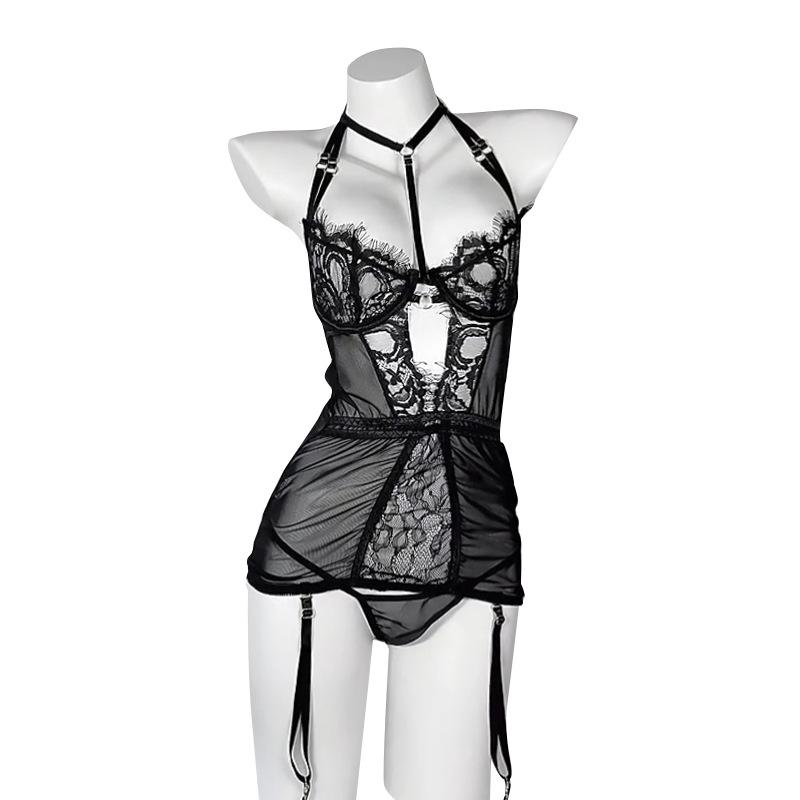 Sexy lingerie French suspender vest uniform pure desire transparent strap lace neck free set