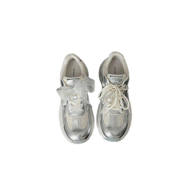 2025 new pair of shoelaces age-reducing versatile dad shoes crescent soles inner height-increasing lace pearl sports and leisure shoes women