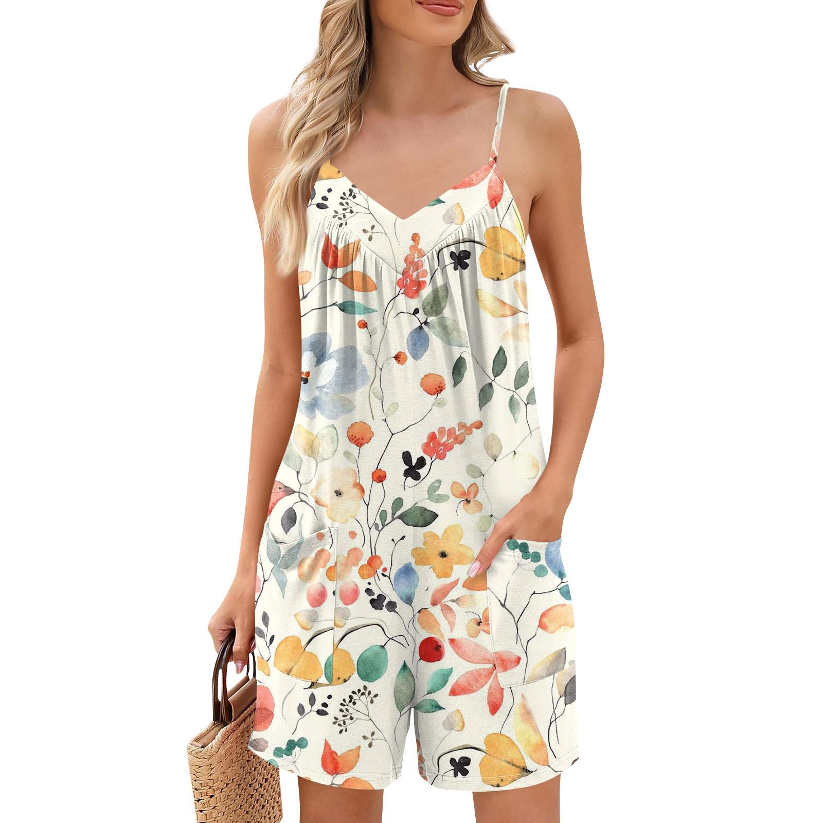 

Женские летние повседневные шорты-комбинезоны, модные повседневные шорты-комбинезоны без рукавов с принтом и карманами L бежевый