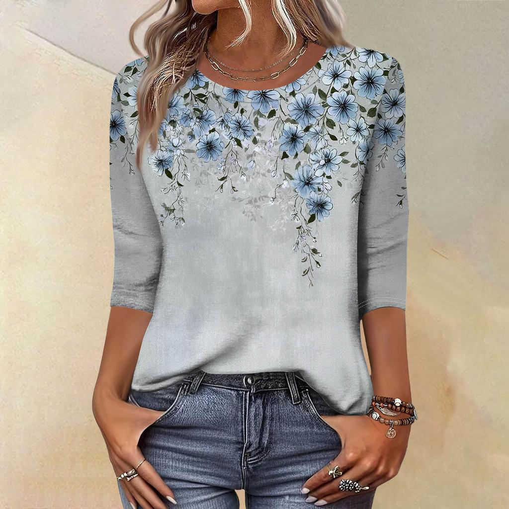 Trendy Vintage 3/4 Sleeve Top For Women,Ladies Casual Three Quarter Sleeve Round Collar Printed T-Shirt Blouse