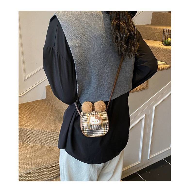 Hello Kitty Single Shoulder Bag With Retro Plaid Design For Daily Use