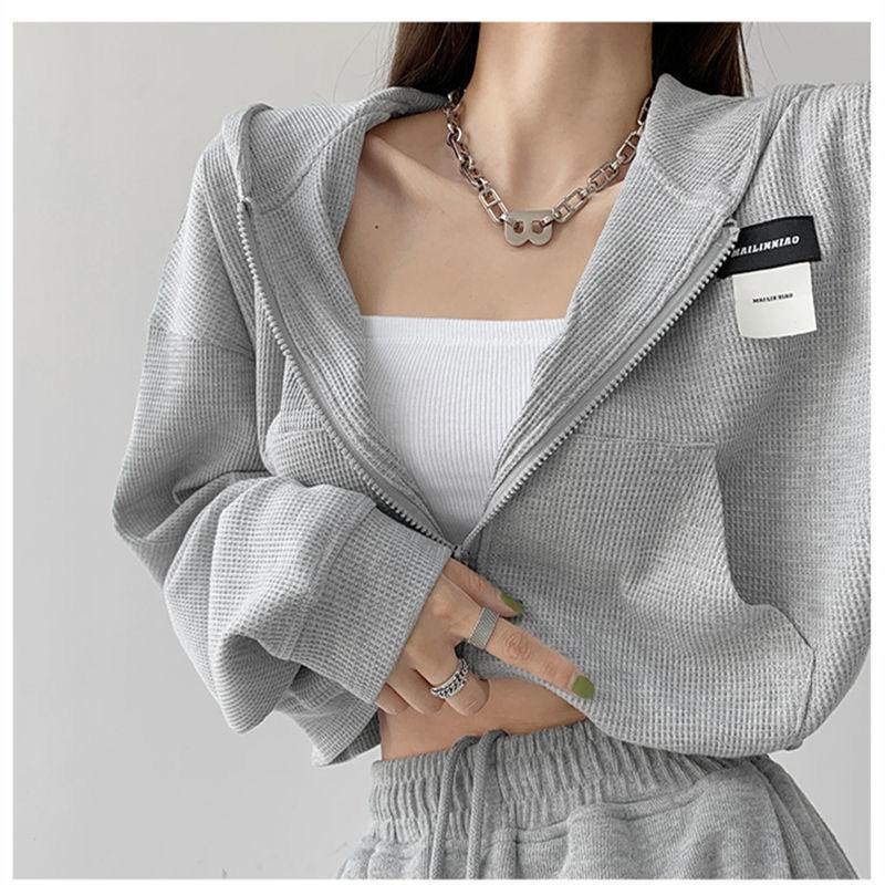 

Женские толстовки Harajuku, корейская модная спортивная одежда, женские толстовки на молнии, винтажная уличная одежда, базовый повседневный укороченный топ XXL серый