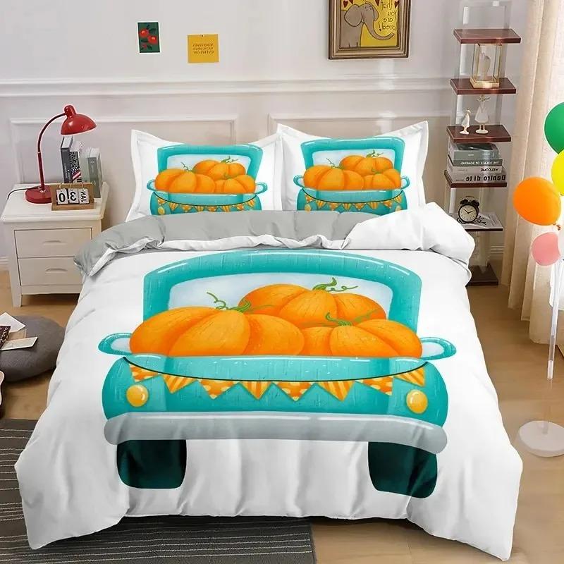 Autumn Pumpkin Truck Bedding Set Boys Girls Twin Queen Size Happy Fall Thanksgiving Duvet Cover Pillowcase Bed Boys Adult