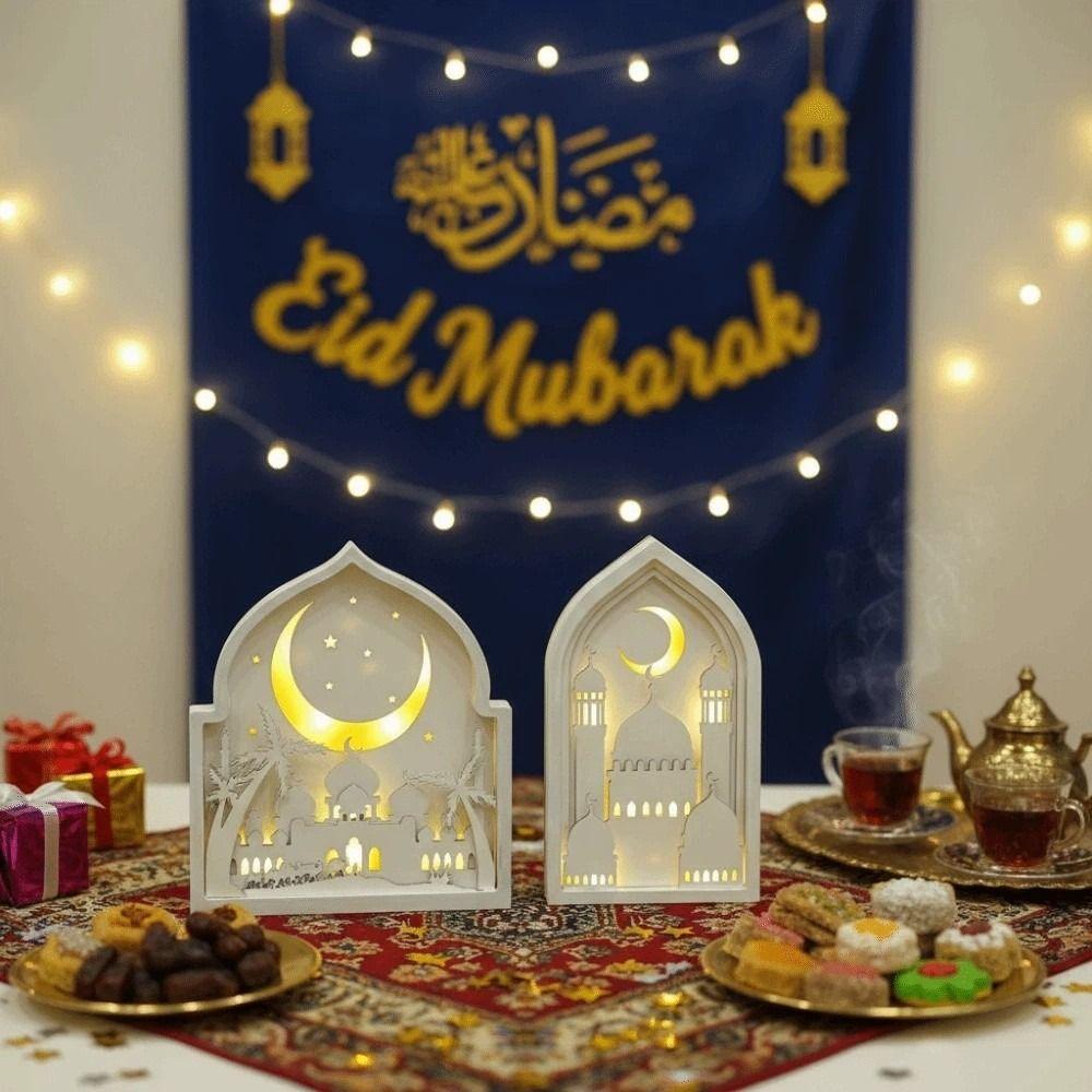 Creative Night Light Ornament LED Eid Wooden Decoration Handmade Eid Desktop Ornament  Scene Layout