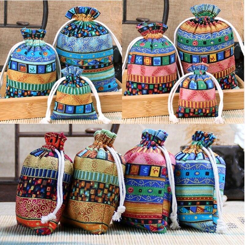 11pcs Ethnic Style Jewelry Bags Drawstring Pouch Candy Snack Gift Bag Retro Bracelet Jewelry Packaging Storage Bags