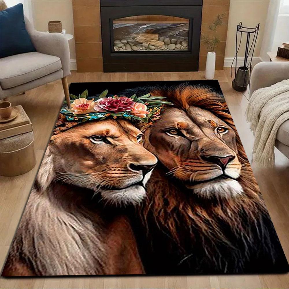 Regal Lions with Floral Crown Patterned carpet, non slip mat suitable for living room and bedroom sofas