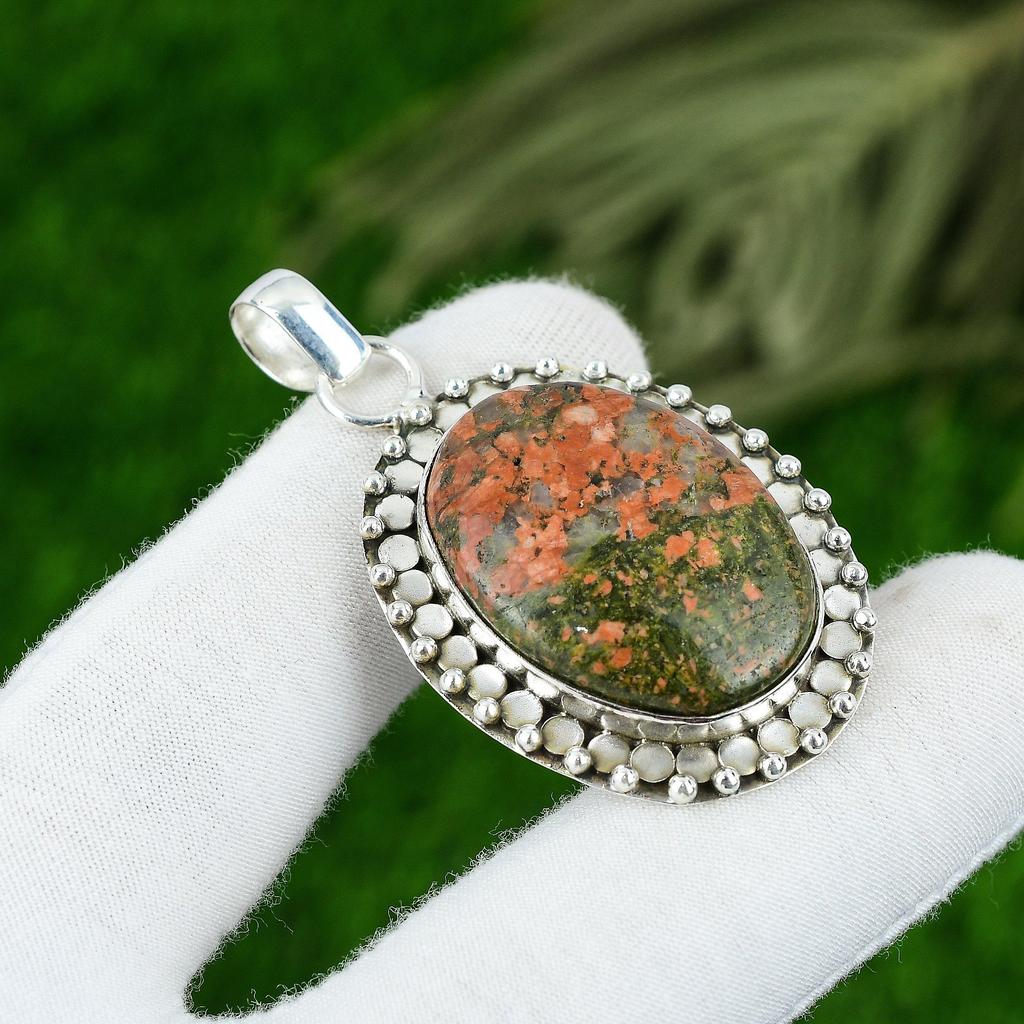 Natural Unakite Gemstone Pendant 925 Sterling Silver Indian Jewelry For Women