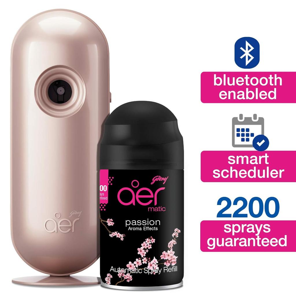 Godrej Aer Matic Kit Automatic Air Freshener Spray Permium Fragrance with Flexi Control Passion  (225ml)+ Smart Matic Bluetooth Refill