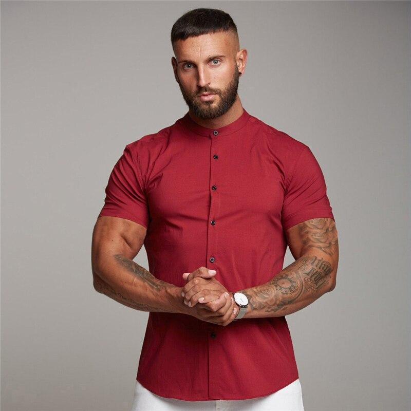 Muscleguys Moda stil retro tricou simplu cu mânecă scurtă pentru bărbați de vară ocazional, simplu, cu guler vertical, cămașă frumoasă