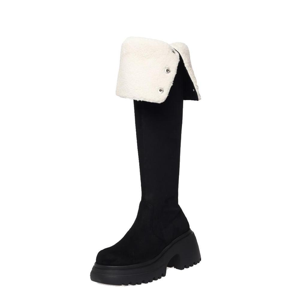 2025 Winter Velvet Warm Knee Boots Women's Retro Lapel Knight Boots Thick Heel Thick Sole Long Snow Boots