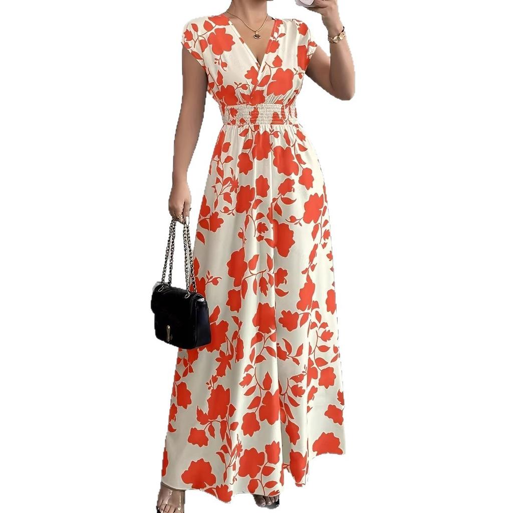 2026 European and American women's clothing explosive summer new short-sleeved lace-up printed v-neck dress