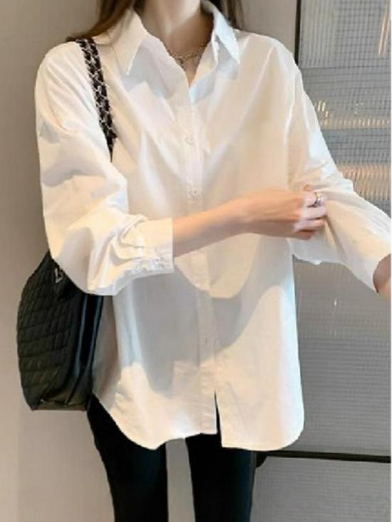 Women's White Long Sleeve Versatile Retro Work Shirt