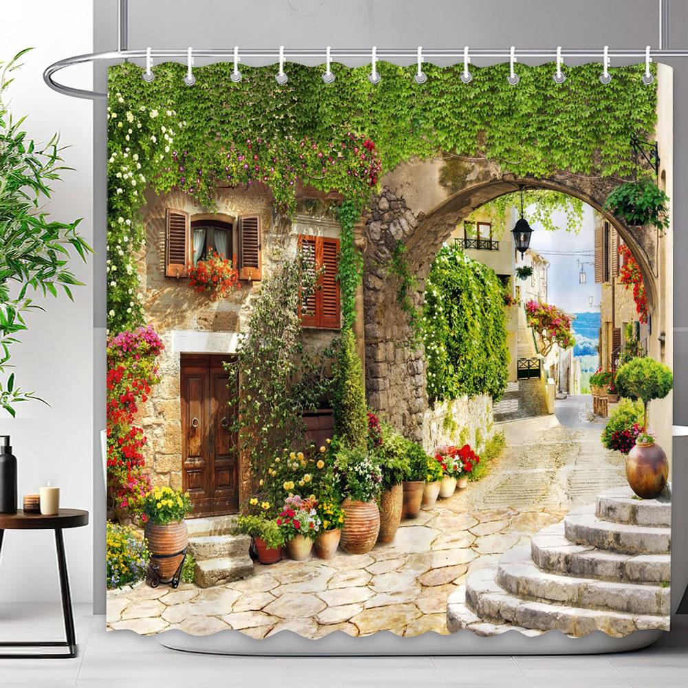 Mediterraner Wald Wasserfall Naturlandschaft Duschvorhang Polyesterstoff Waschbar Badvorhang Badezimmer Dekoration Mit Haken