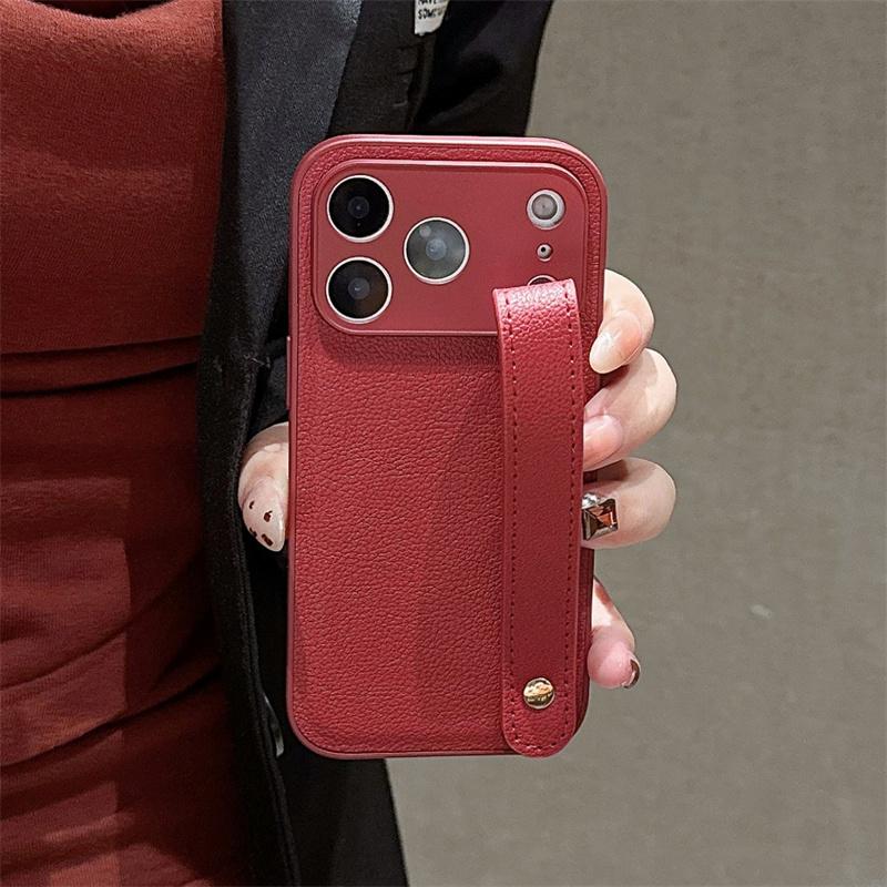 Leather Texture Wristband Holder Phone Case for iPhone 17 Air 16E 15 14 Plus 13 12 11 Pro Max Plain Color Matte Shockproof Cover
