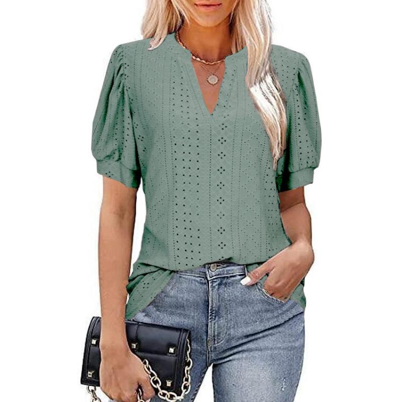 QICED Moda feminina casual cor sólida estampa manga curta blusas e camisas com decote em V