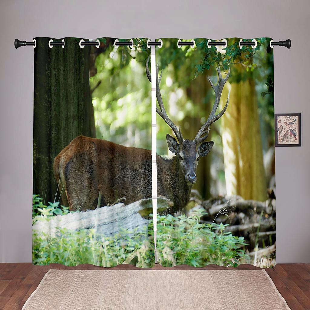 Thick 90% Shading Nature Deer Animal Forest Green TreeBlackout Window Curtain For Bedroom Living Room Bathroom Kicthen Door Hall