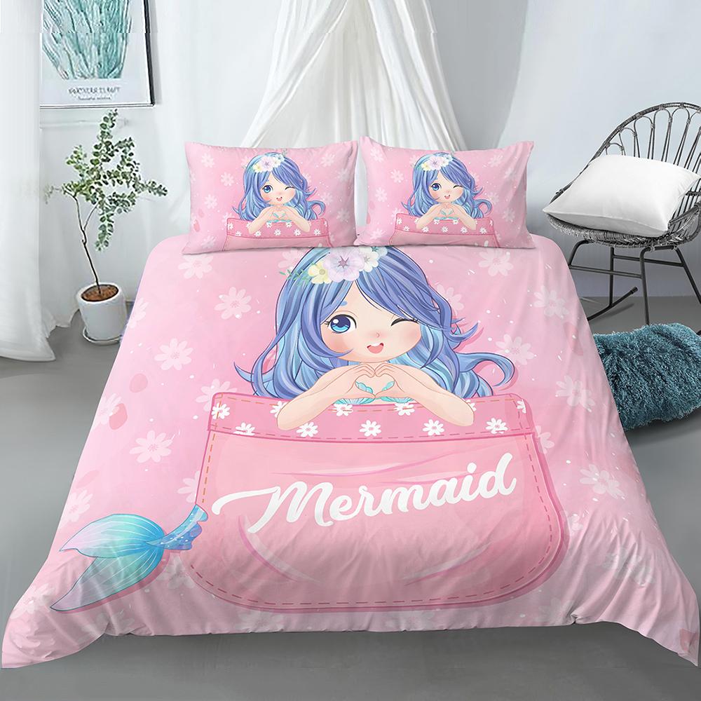 Bedding Set Girls Mermaid Duvet Cover Set With Pillowcase Cartoon Edredones Niños Girl Princess Quilt Cover Full Size Bedspread