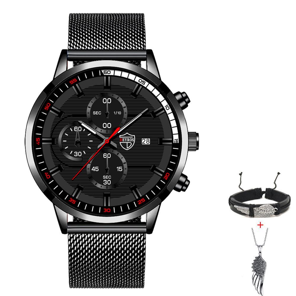 Fashion Men's Casual Watch Man Stainless Steel Mesh Band Wristwatch Mens Calendar Quartz Watches Bracelet Neckalce Set Date Clocki