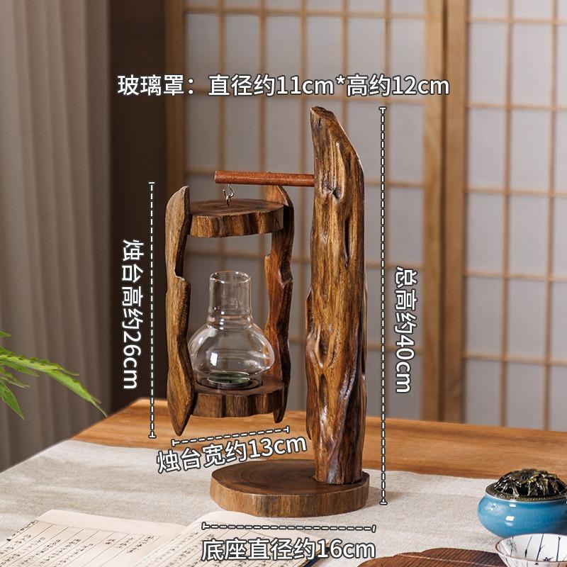 Thai Style Wooden Candle Lantern, Retro Southeast Asian Glass Hurricane Lamp, Outdoor Windproof Feng Shui Decor for Garden