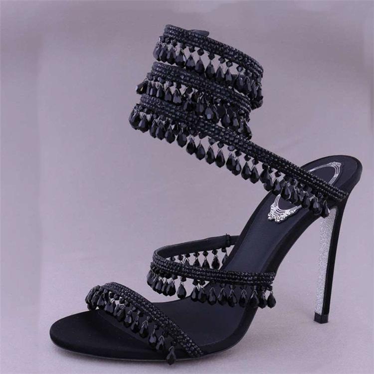 Spring And Summer Rhinestone Wrapped Snake Shaped High-heeled Sandals For Women 34 чёрный