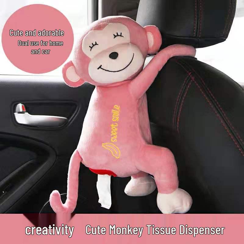 Cartoon Plush Monkey Tissue Box - Cute Car Hanging Pull-Out Cover