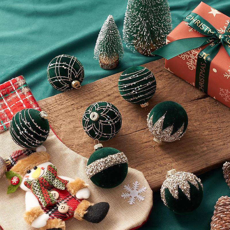 12 Glitter Velvet Christmas Ornaments 2.36" Shatterproof Plush Decor Hanging Tree Accessories for Windows Walls Porch Fireplaces