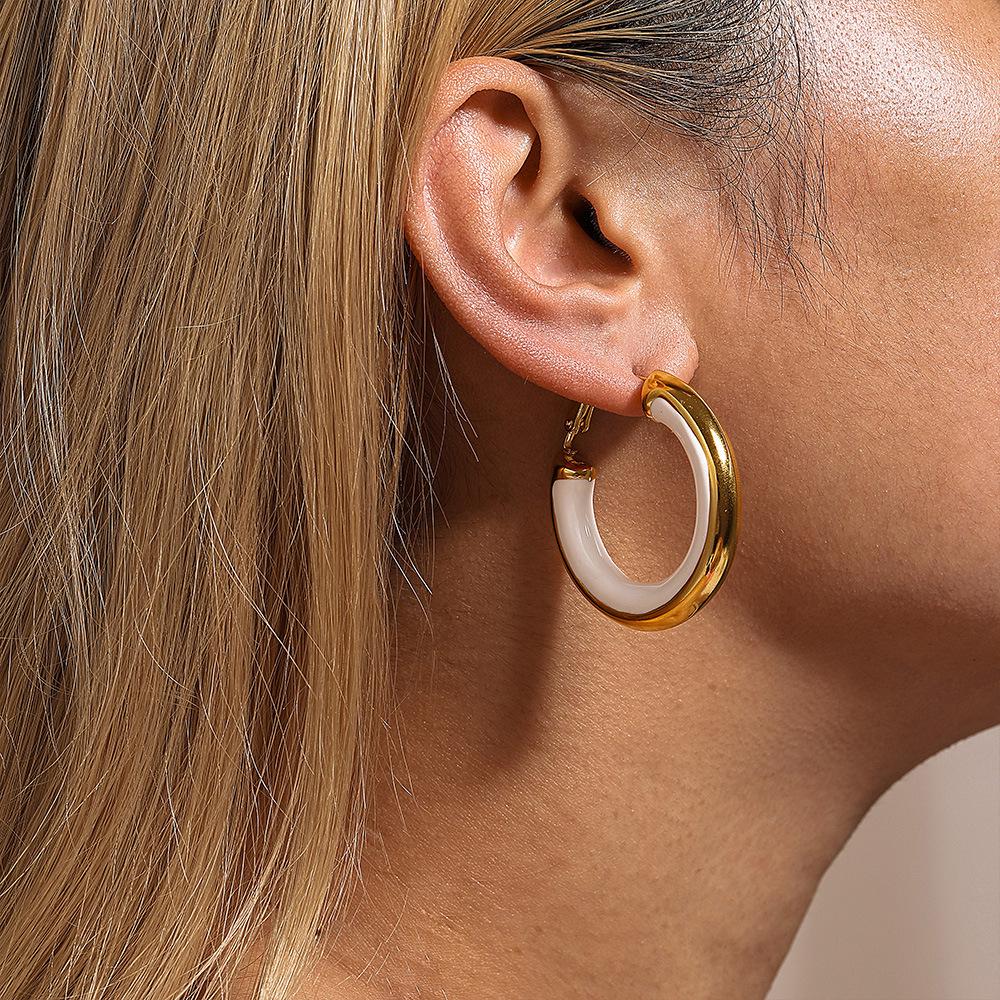 Qiong Yao European Style Circle Drip Oil Earrings, 18K Gold-Plated Stainless Steel, Hypoallergenic, Color-Retentive, Women's.