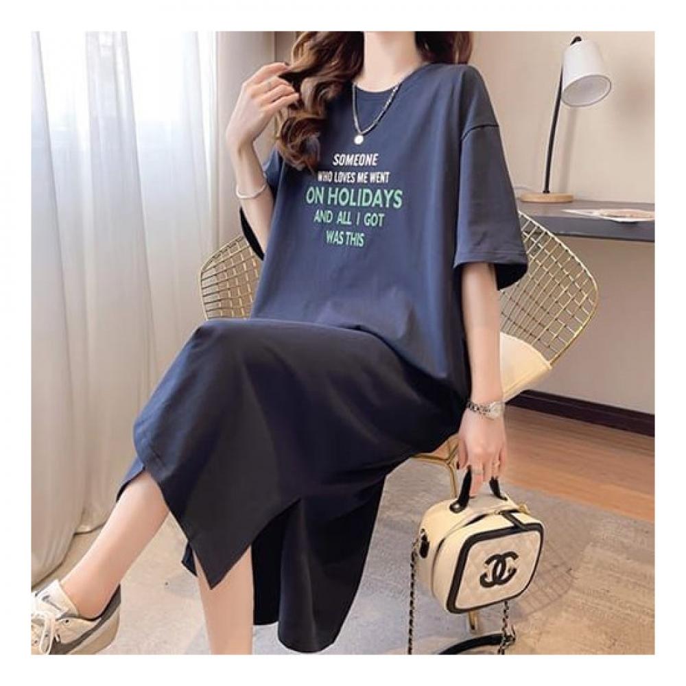 Navava Short Sleeve Long Dress With Simple Lettering And Split Hem No731