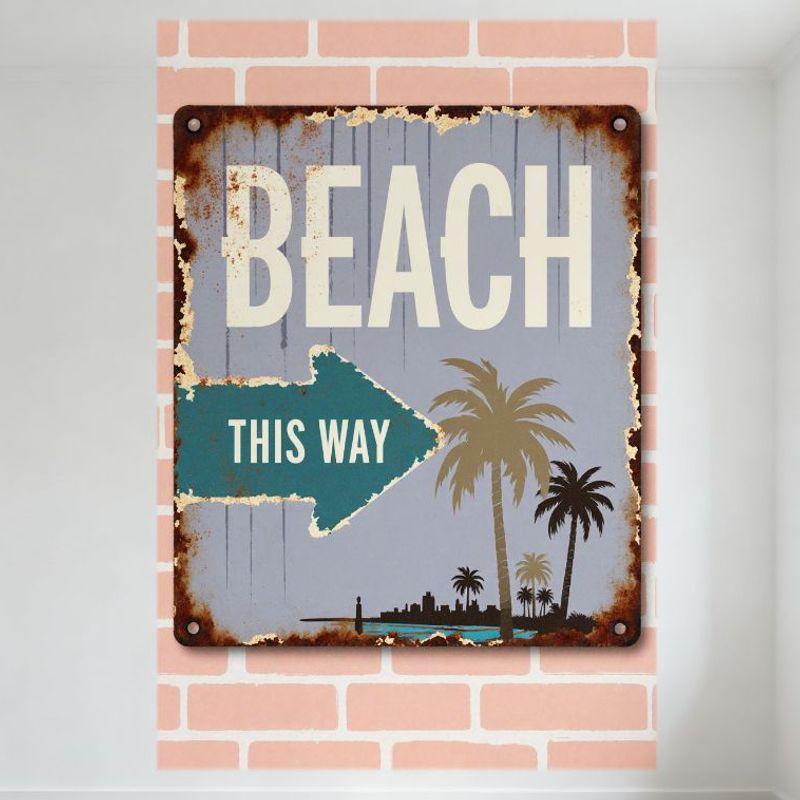 

Vintage Beach Metal Tin Sign Retro Rusty Coastal Wall Decor with Palm Trees & City Skyline - Off-White/Teal Text for Home Cafe B 20x30cm（7.8x11.8inch）