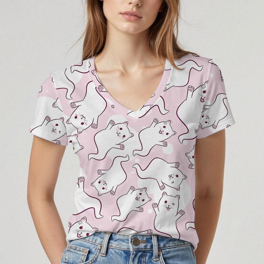 New V-neck women's short-sleeved T-shirt with cat pattern design. Summer top with soft texture, comfortable and breathable