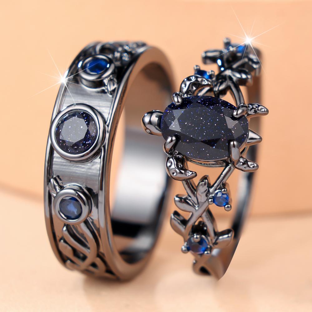 Gothic Vintage Blue Zircon Ring Set Black Hollow Carved Vines Wedding Band For Women Daily