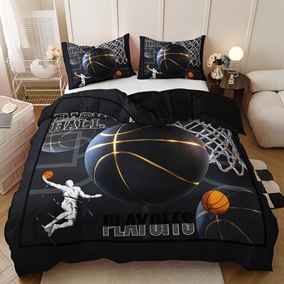 3-teiliges Lebhaftes Sport-Basketball-Bettbezug-Set - Weiche, Atmungsaktive, HD-bedruckte Bettwäsche mit 1 Bettbezug und 2 Kissenbezügen