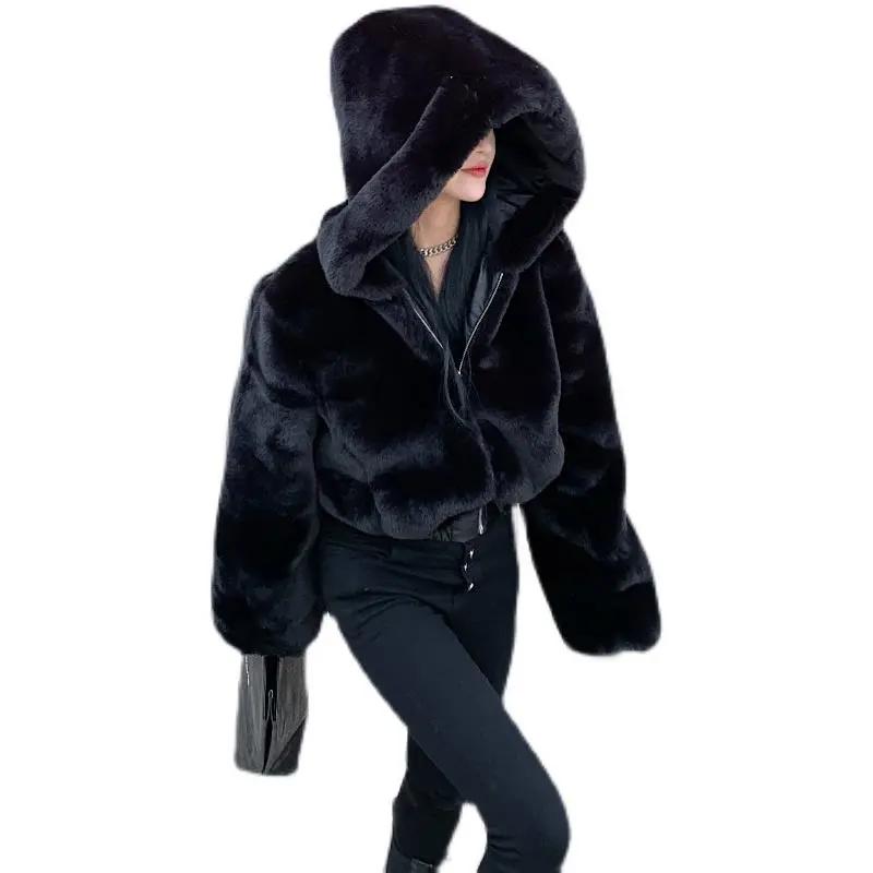 Furry Cropped Faux Fur Coats and Jackets Women Fluffy Top Coat with Hooded Winter Fur Short  Jacket