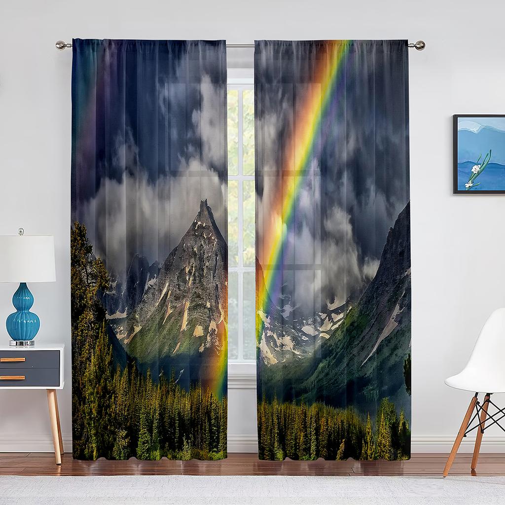 Idyllic Spring Meadow On The Mountains with Flowers Rainbow Sheer Voile Curtains for Living Room Kitchen Window Tulle Curtain