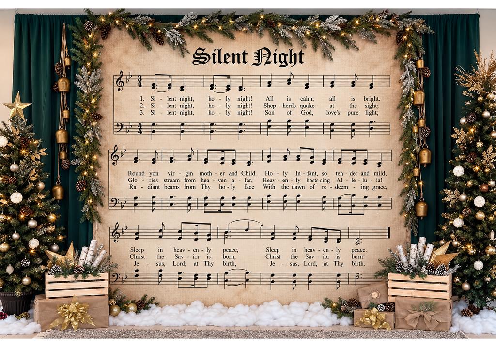 Silent Night Christmas Backdrop Vintage Sheet Music Christmas Trees Pine Garland Bells Religious Holiday Photography Background